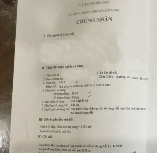 Mặt tiền Xóm Chiếu This fall dt khủng 337 m2 (ngang 6m). 38,9 tỷ